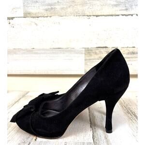 Via Spiga 6.5 Black Suede Peep Toe Heels Bow Chic Workwear